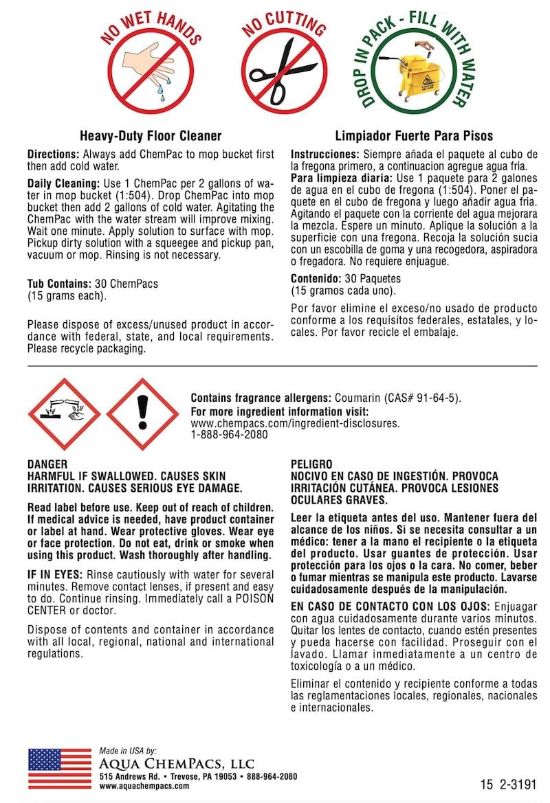 cleaning chempacs back label and directions